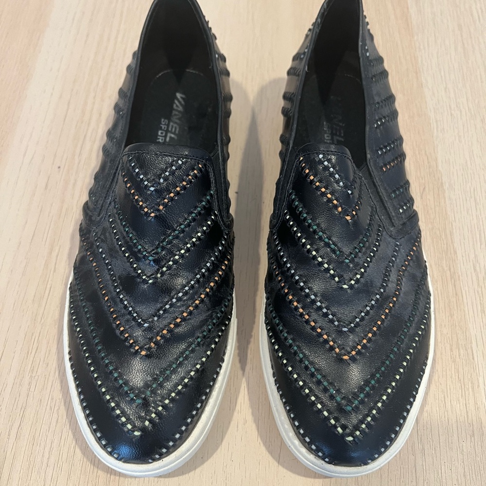 Vaneli Black Leather Slip-Ons with Colorful Stitching